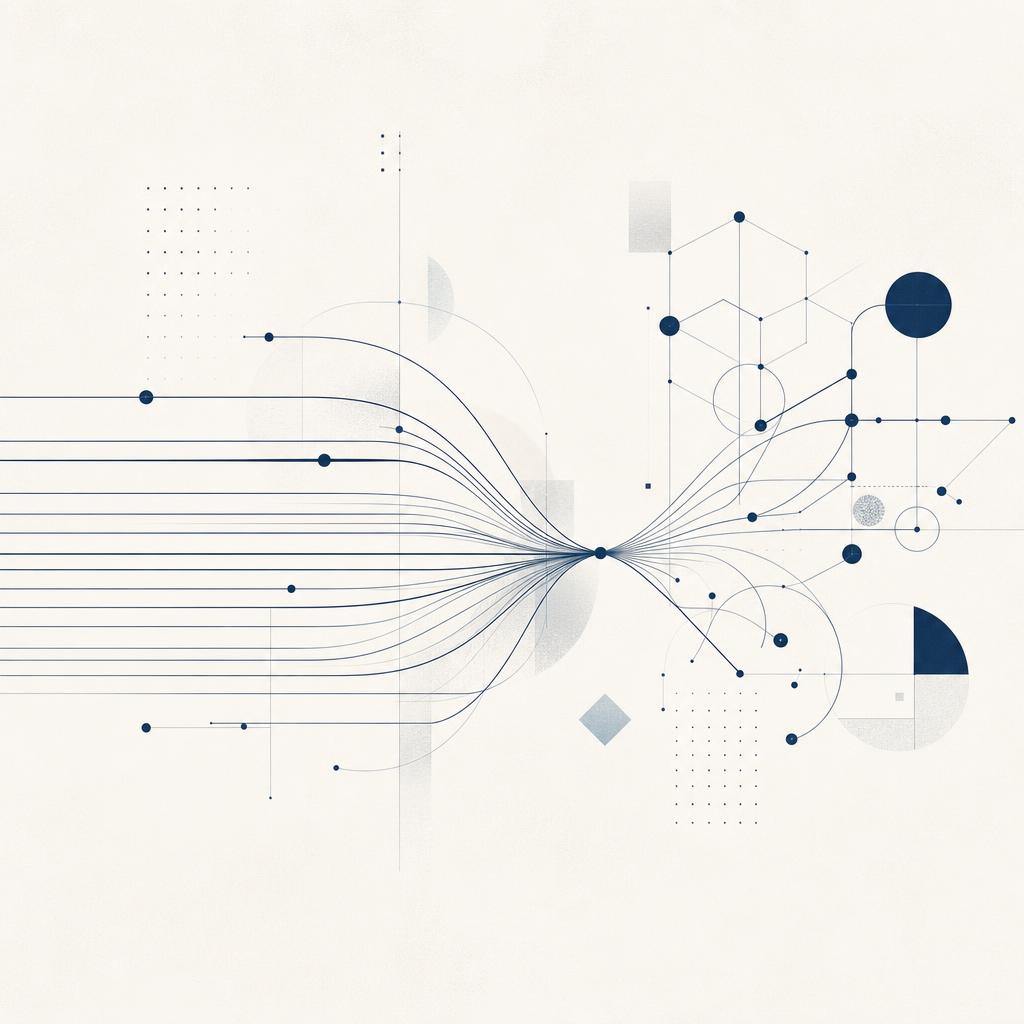 Abstract diagram of connected software, finance and device systems converging into a single point